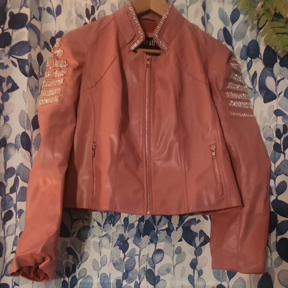 Flesh & Hide Pink Faux Leather Rhinestone Embellished Custom Biker Jacket Womens